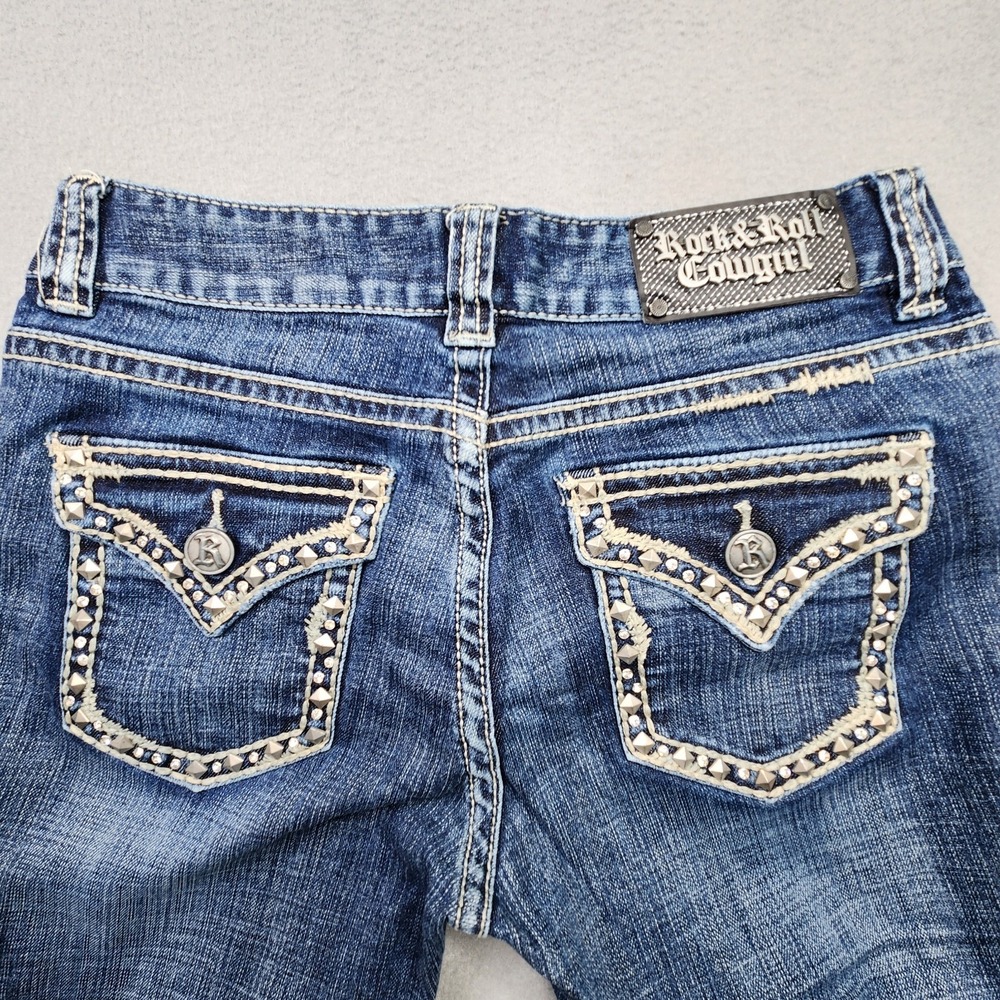 Rock & Roll Cowgirl Jeans Womens 28x32 Mid Rise Bootcut Rhinestones Thick Stitch - Picture 11 of 14